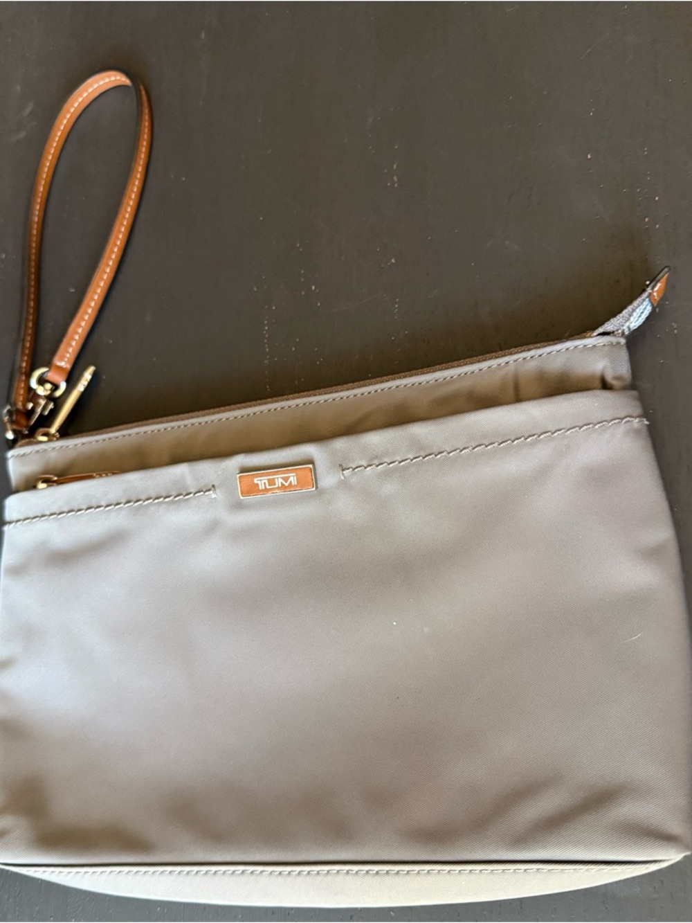 Tumi Susan Multifunction Pouch Gray Nylon Travel Clutch with Brown Leather Strap